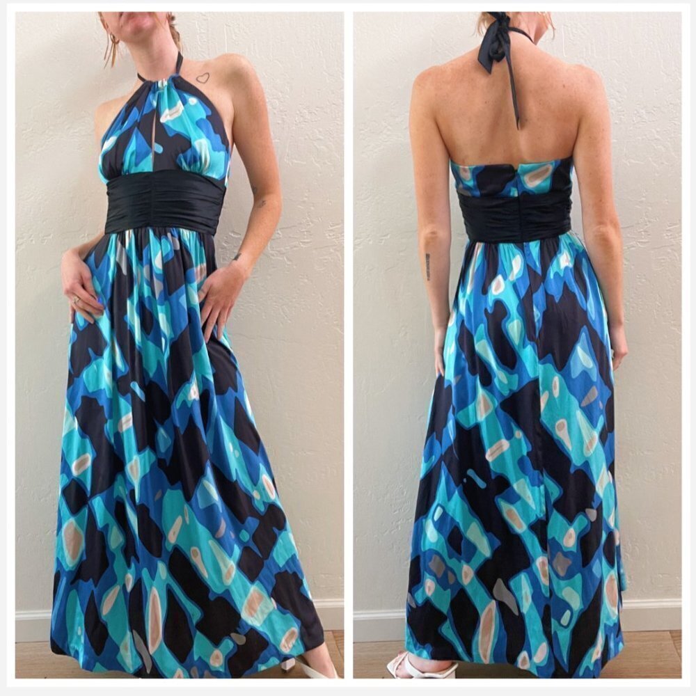 Trina Turk 100% Silk Blue Printed Keyhole Halter Maxi Dress